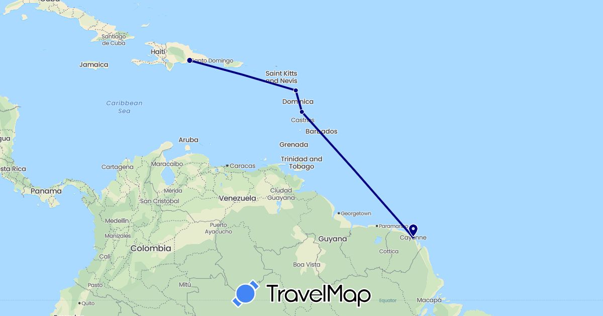TravelMap itinerary: driving in Dominican Republic, French Guiana, Guadeloupe, Martinique (North America, South America)